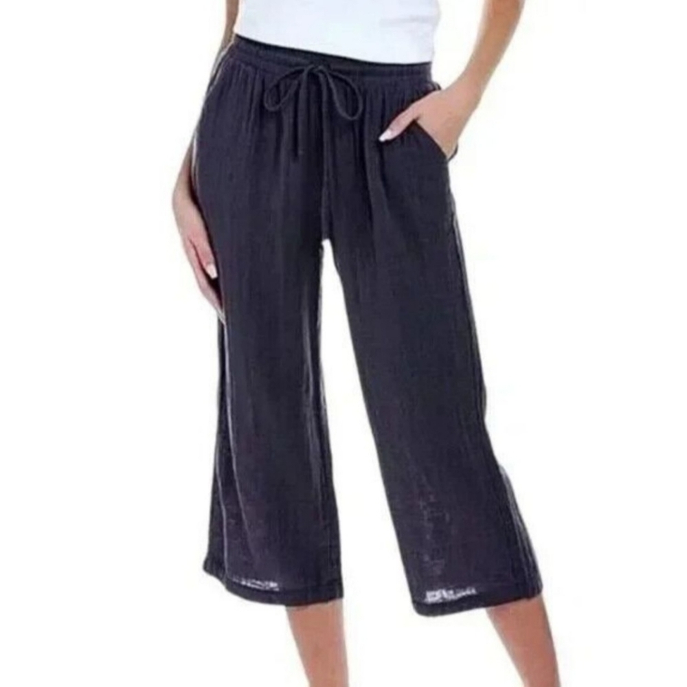 Calme by Johnny Was cropped Gauze pull-on wide leg pants in black size XL